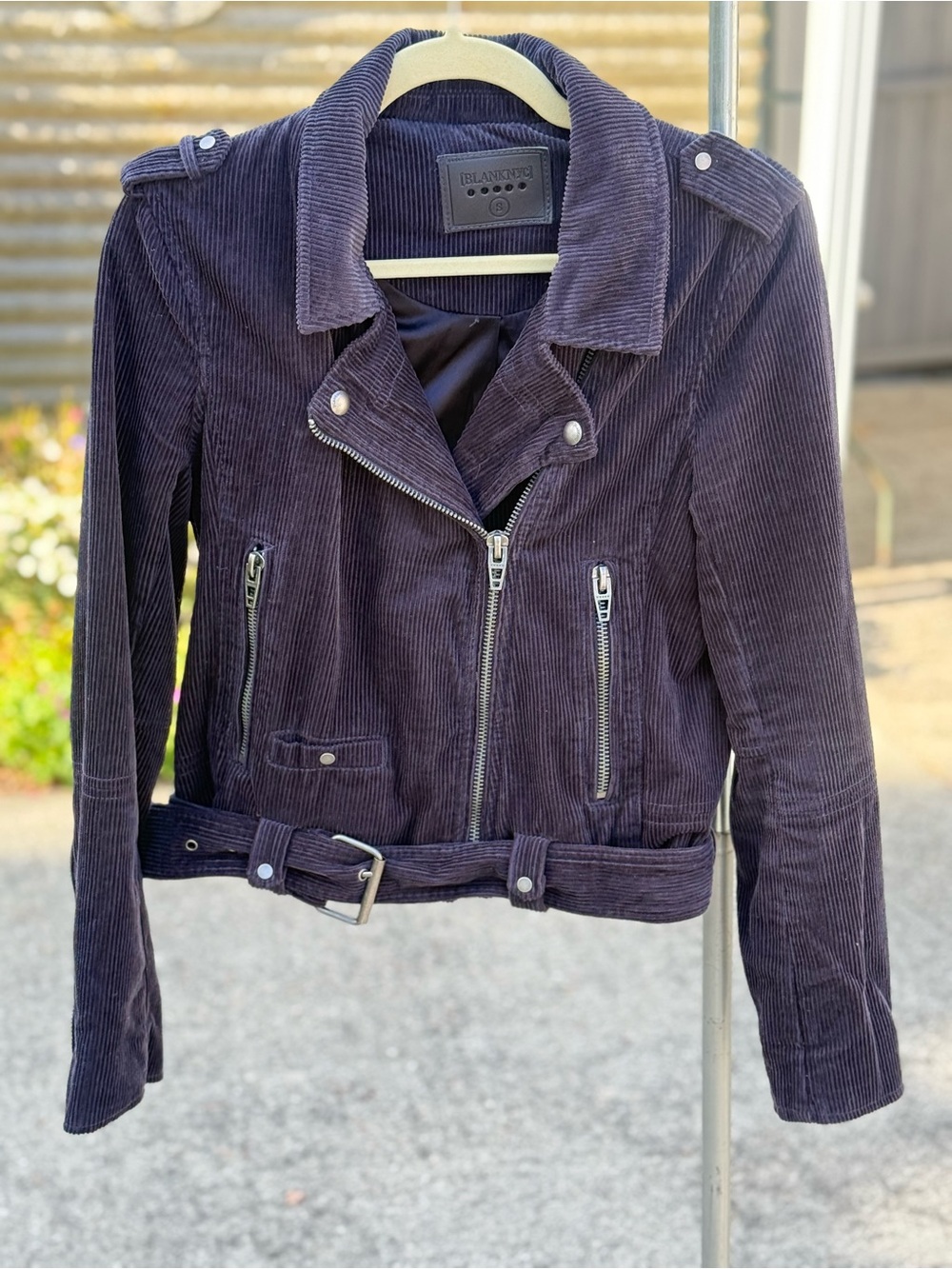 BLANKNYC Twilight Zone Navy Purple Corduroy Moto Jacket Belted Size S